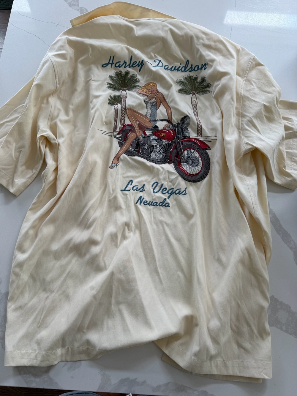 Harley Davidson Silk Button Up Shirt Men’s  XL Motorcycle Girl Embro Nevada